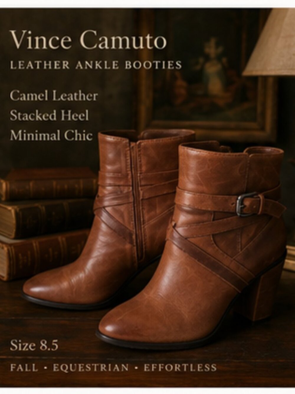 Vince Camuto Cognac Leather Ankle Boots Stacked Heel Equestrian Chic 8.5